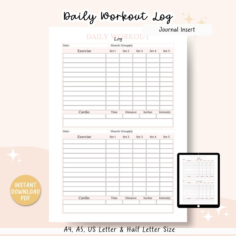 Daily Workout Log Printable, Exercise Tracker, Daily Exercise Record ...