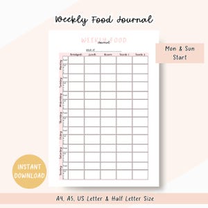 Diario de comidas semanal imprimible, registro de calorías y macros, planificador de comidas semanal, diario de comidas imprimible, rosa, tamaño A4/A5/carta/media carta (PDF)