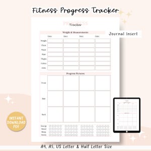 Fitness Progress Tracker Printable, Measurements Tracker, Weight Loss Tracker, Progress Photos Before & After, A4, A5, Letter, Half Letter