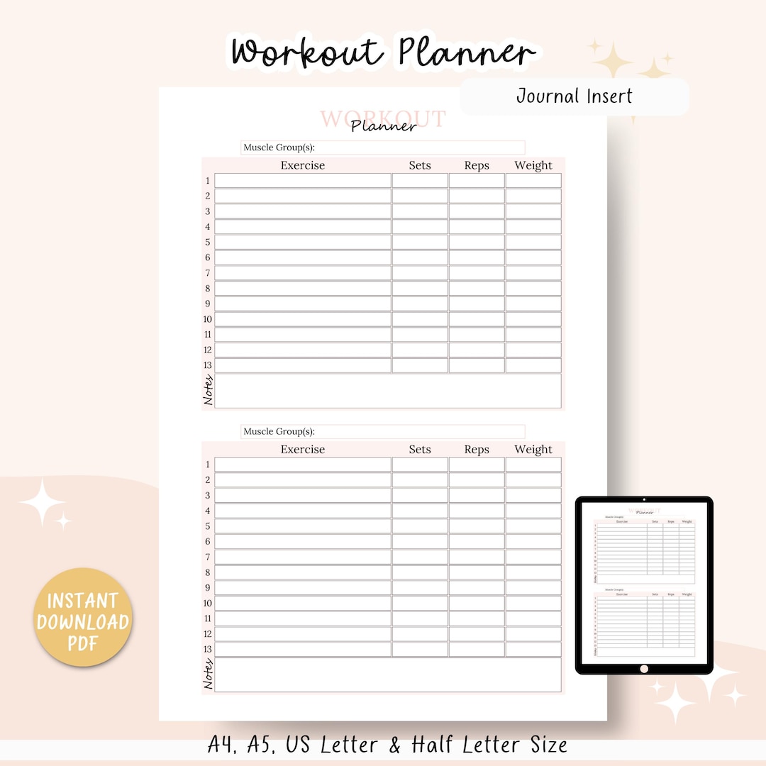 Workout Planner Printable, Fitness Journal Page, Exercise Log, Weight ...
