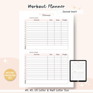 Workout Planner Printable, Fitness Journal Page, Exercise Log, Weight Lifting Journal, Gym Planner, A4/A5/Letter/Half Letter, Pink PDF