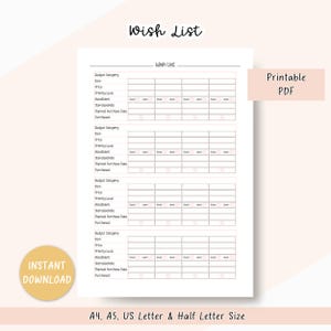 Lista de deseos imprimible, registro de compras, lista de compras, lista de regalos, hoja de cálculo de finanzas, PDF A4/A5/Carta/Media Carta, rosa