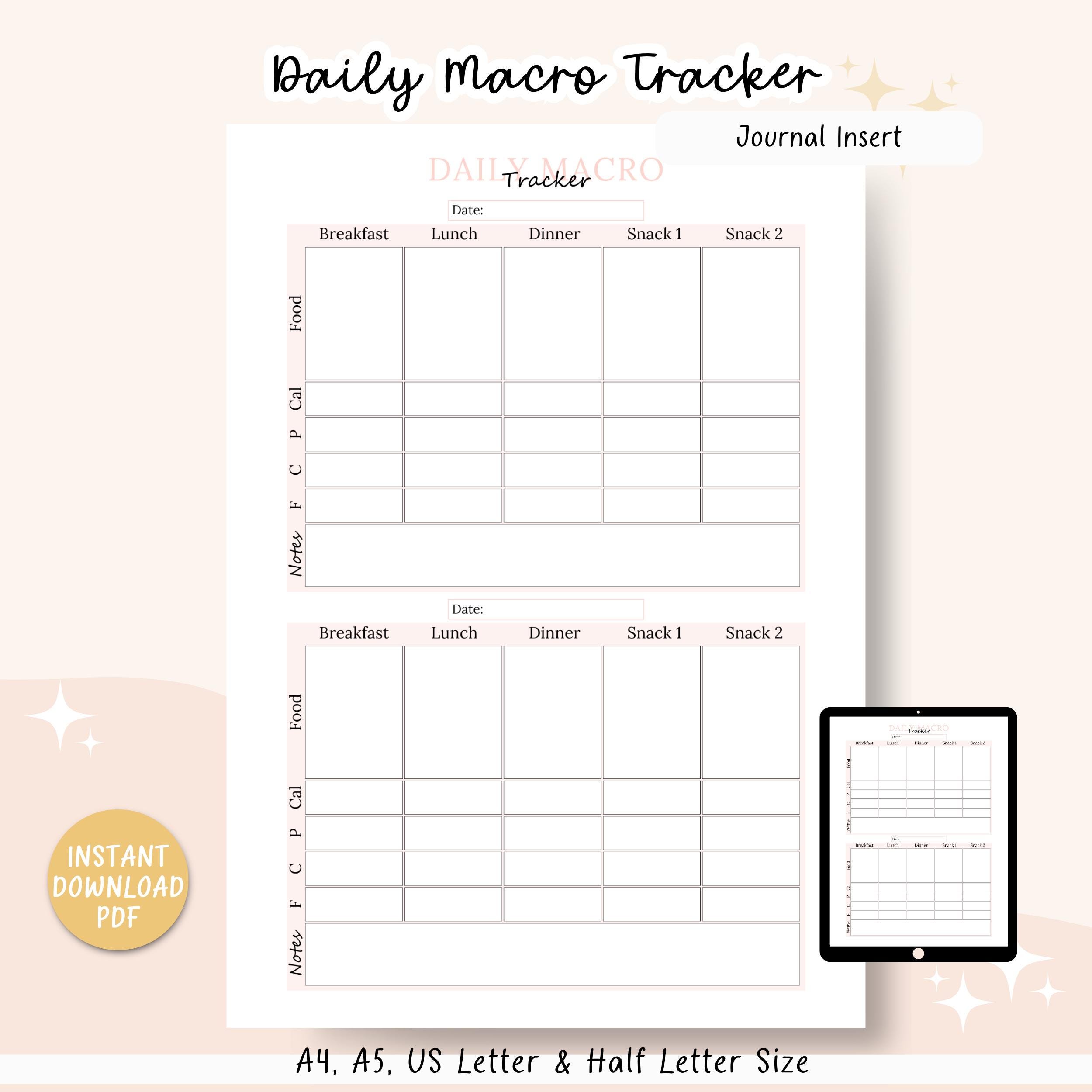 Daily Macro Tracker, Printable Meal Planner, Daily Food Log, Food Journal, Calorie Counter, A4, A5, US Letter & Half Letter Size, PDF