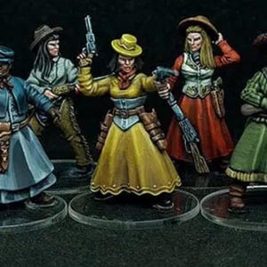 Women Gang on foot x 7  Wild West Wargames 32mm Dead Man&#39;s Hand, Blackwater Gulch Gunfighter&#39;s Ball UNPAINTED