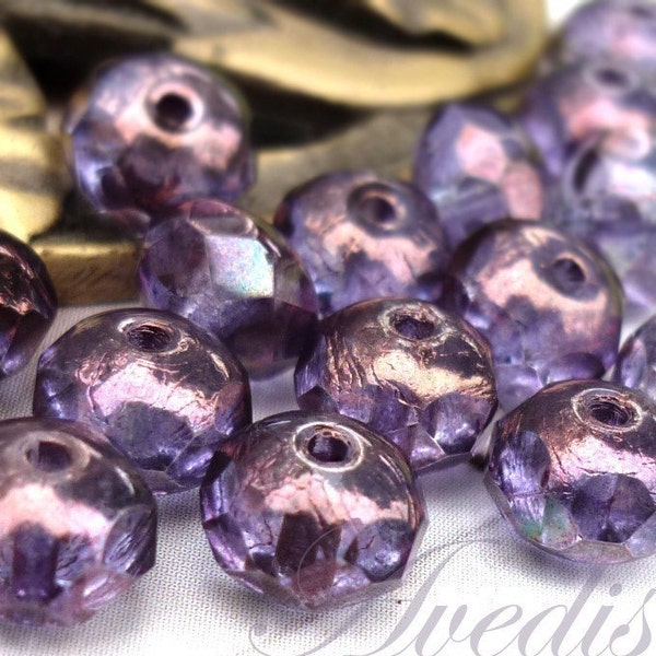 Czech glass faceted donut beads - Lustered amethyst - 7 X 5mm - 25pcs