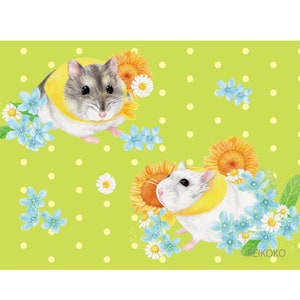 Cartão postal com ilustração de hamster e muitas flores
