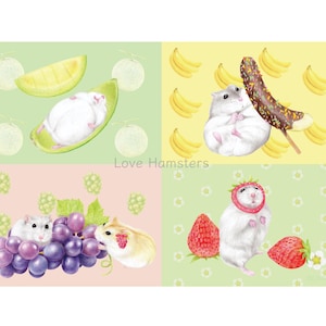 Une carte postale avec une illustration d'un hamster avec des fruits.