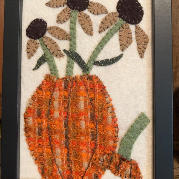 Hand Stitched Fall Pumpkin with Flowers
