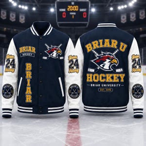 May include: Navy blue and white varsity jacket. The front displays "Briar Hockey" and "24". The back features "Briar U Hockey" with a hawk logo and crossed hockey sticks. The jacket has a striped collar, cuffs, and hem.