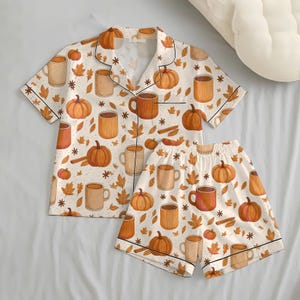 Pumpkin Spice Latte Pajamas Set, Fall Coffee Autumn Pajama Outfit, Cozy Pumpkin Leaf Sleepwear For Women, Halloween Gift for Her