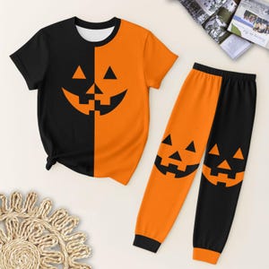Halloween Pumpkin Face Pajamas Set, Black And Orange Jack O Lantern Sleepwear, Fall Holiday Shirt, Spooky Season Outfit