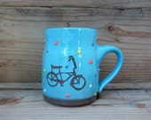 blue kids mug with banana seat bike and polka dots-kids pottery- turquoise mug-8oz mug-kids mug-bike pottery-bicycle mug-small mug-mini mug