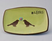 crow platter-love birds dish-pottery with text-wedding gift tray-green jewelry dish-serving dish-pottery spoon rest-crow decor-rustic tray