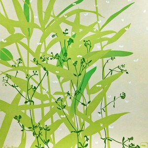 May include: A green and white abstract print with a botanical theme. The print features a variety of green leaves and stems with small white flowers.