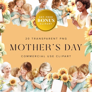 Mother&#39;s Day Clipart Collection, Watercolor Moms and Kids Illustration PNG for Commercial Use | Instant Digital Download