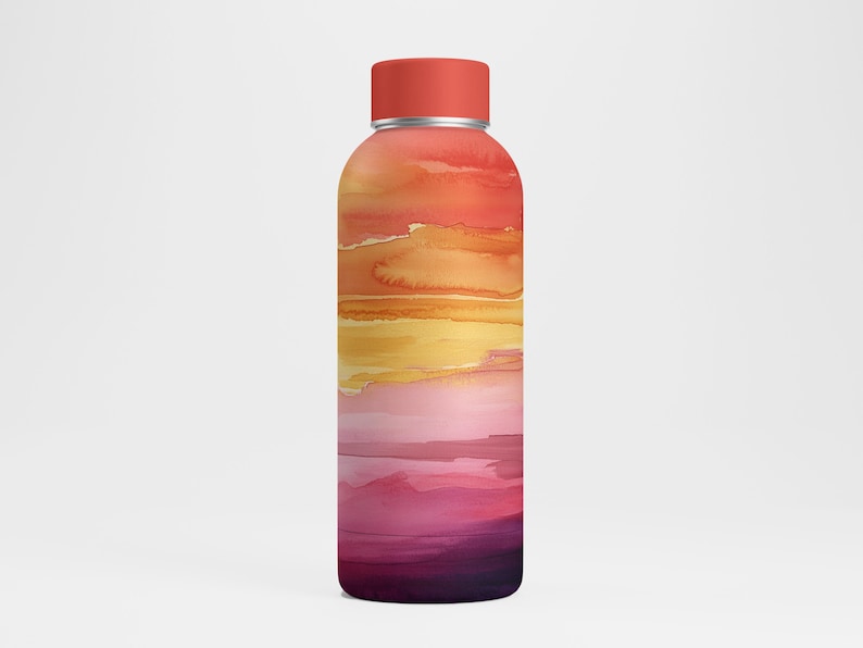K&ouml;nnte beinhalten: Eine wiederverwendbare Wasserflasche mit rotem Deckel und einem farbenfrohen abstrakten Design in Gelb-, Orange-, Rosa- und Lilat&ouml;nen.