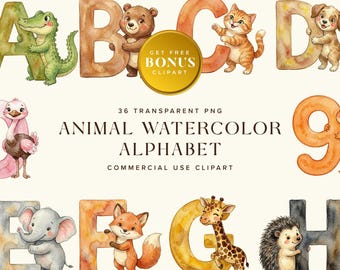 Animal Watercolor Alphabet – A–Z Letter Clipart, Hand Painted Animal Letters, Kids Decor, Digital Download