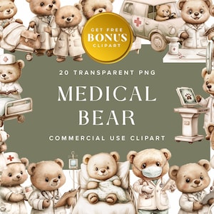 Kolekcja medycznych niedźwiedzi Clipart, słodka ilustracja lekarza Teddy Bear PNG Grafika do użytku komercyjnego | Natychmiastowe pobieranie cyfrowe