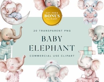 Baby Elephant Clipart, Watercolor Elephant PNG, Commercial Use