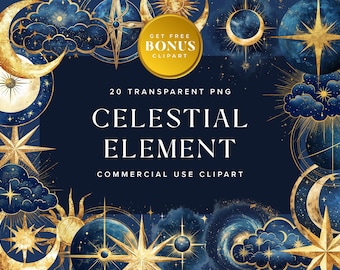 Celestial Element Clipart Collection, Watercolor astrological PNG Graphics for Commercial Use | Instant Digital Download