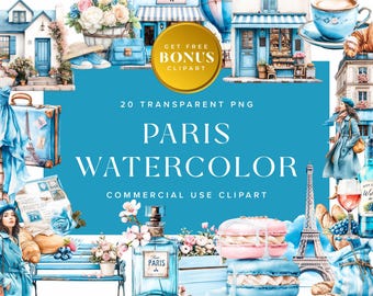 Paris Watercolor Clipart PNG Set — Eiffel Tower, Cafe, Macarons, French Travel, Digital Download