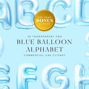 Blaue Folienballon-Clipart-Sammlung - Glänzendes Alphabet & Zahlen PNG für Party-Einladungen, Bastel-Digital-Projekte | Sofort Download