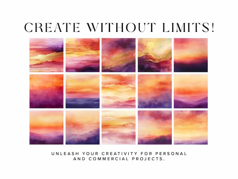 K&ouml;nnte beinhalten: Eine Sammlung von 18 digitalen Aquarellhintergr&uuml;nden mit verschiedenen Sonnenuntergangs- und Sonnenaufgangsszenen in Orange-, Gelb-, Rosa- und Lilat&ouml;nen. Der Text "CREATE WITHOUT LIMITS!" befindet sich oben im Bild. Der Text "UNLEASH YOUR CREATIVITY FOR PERSONAL AND COMMERCIAL PROJECTS." befindet sich unten im Bild.
