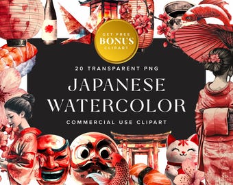 Japanese Watercolor Clipart: Red Decorative Elements PNG (Digital Download)