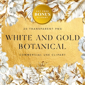 Colección de imágenes prediseñadas botánicas en blanco y dorado, elementos florales en acuarela PNG, gráficos de lujo para uso comercial / descarga digital instantánea
