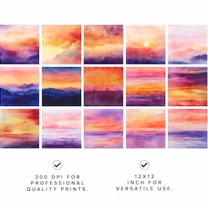 K&ouml;nnte beinhalten: Set mit 18 digitalen Aquarell-Sonnenuntergangs-Hintergr&uuml;nden im Format 12x12 Zoll, perfekt zum Erstellen digitaler Kunst, zum Scrapbooking und f&uuml;r andere kreative Projekte. Die Hintergr&uuml;nde zeigen eine Vielzahl von Sonnenuntergangsfarben, darunter Orange, Pink, Lila und Gelb. 300 DPI f&uuml;r professionelle Druckqualit&auml;t.