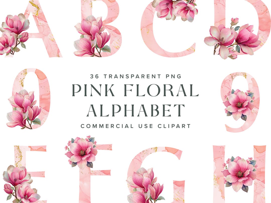 Pink Floral Alphabet Clipart: Hand-drawn Letters (digital Download PNG ...