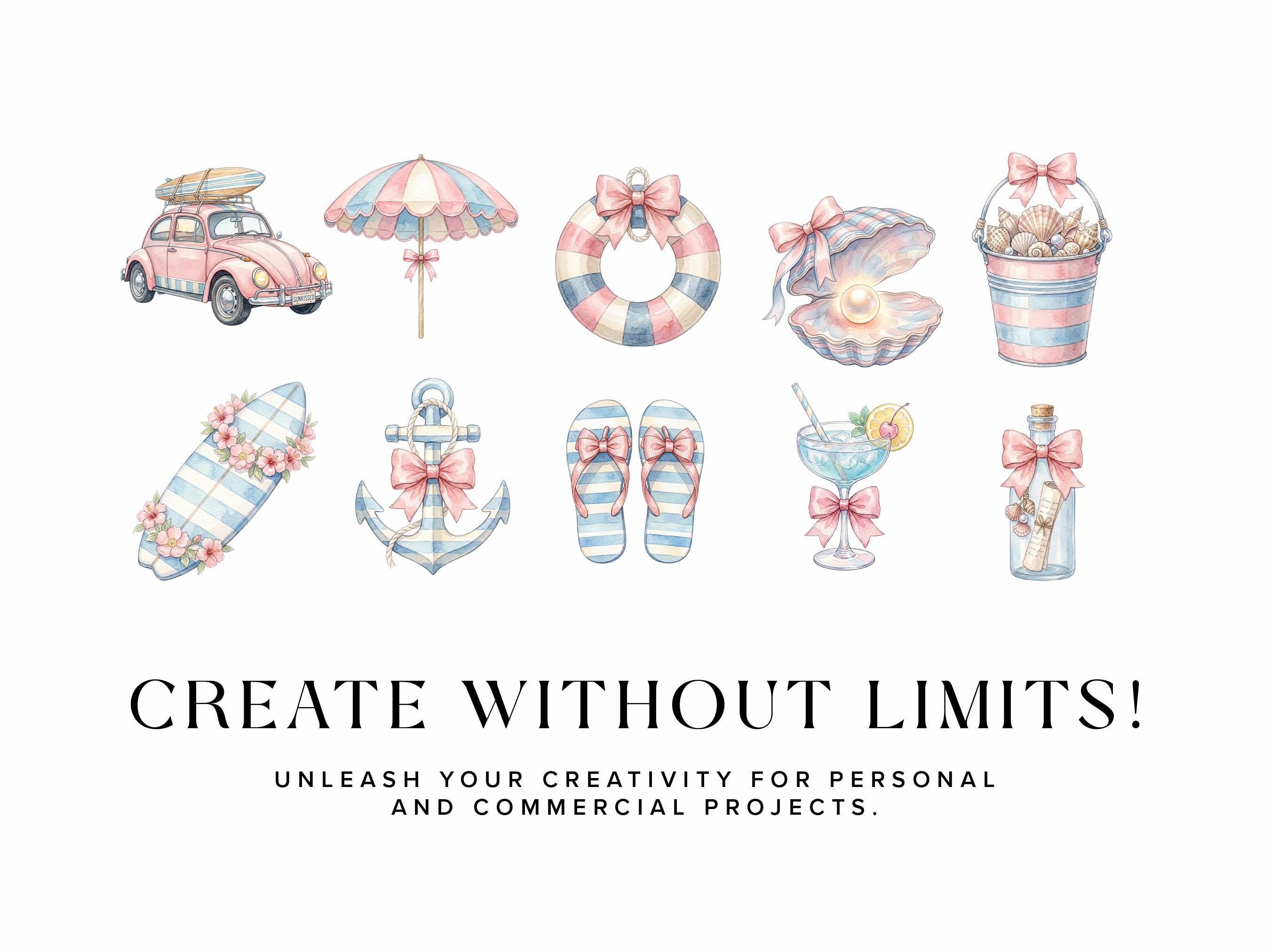 Coquette Coastal Clipart PNG, Beach Bow Clipart Bundle, Pink Nautical ...