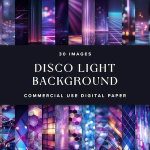 Puede incluir: Imagen de arte digital con una colección de 30 fondos de luces de discoteca. Los fondos muestran colores neón vibrantes, incluyendo púrpura, rosa y azul, con varios efectos y patrones de luz. El texto dice "DISCO LIGHT BACKGROUND".