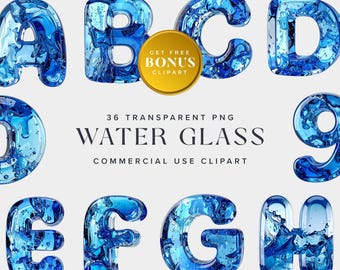 Water Glass Alphabet Clipart: Transparent Blue PNG Letters (Instant Download