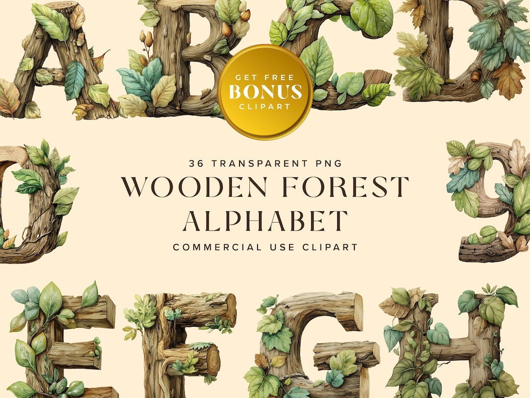 Wooden Forest Alphabet Clipart: Rustic Nature Letters (instant Download ...