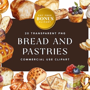 Raccolta di Clipart di pane e dolci, Elementi decorativi di panetteria PNG, Grafica di pasticceria e torte per uso commerciale, Download digitale istantaneo