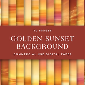 May include: A collection of 30 digital images featuring golden sunset backgrounds. The images display a range of warm colors, including orange, yellow, and pink, with a blurred, textured effect. Text on a red banner reads "Golden Sunset Background".