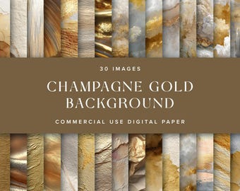 May include: A selection of 30 digital images displaying champagne gold backgrounds. The images present diverse textures and patterns, such as marble, wood grain, and metallic effects. The text reads "Champagne Gold Background" and "Commercial Use Digital Paper".
