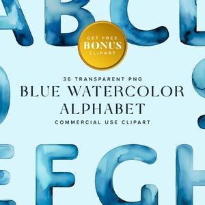 Blue Watercolor Alphabet Clipart Collection, Blue Alphabet Numbers Lettering for Commercial Use | Instant Digital Download