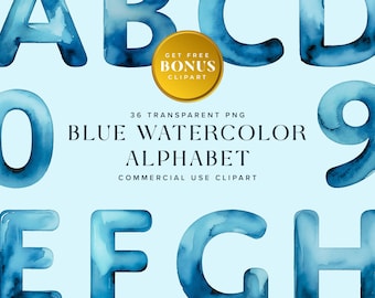 Blue Watercolor Alphabet Clipart: Commercial Use (Digital Download)