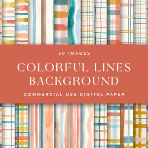 May include: A collection of 30 digital paper images featuring colourful lines and patterns. The designs include various watercolour-style stripes, plaids, and grids in shades of teal, orange, yellow, and blue on a white background with text.