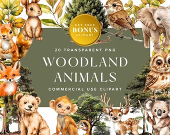 Watercolor Woodland Animals Clipart: Forest PNG Graphics (Digital Download)