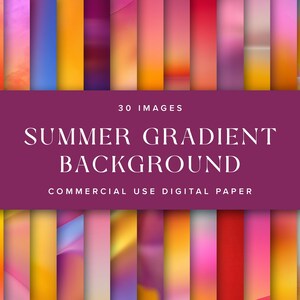 Può includere: Una collezione di 30 immagini digitali con sfondi sfumati estivi. Gli sfondi presentano strisce verticali in vari colori, tra cui rosa, arancione, giallo, blu e viola. Il testo su uno striscione viola recita "Summer Gradient Background".