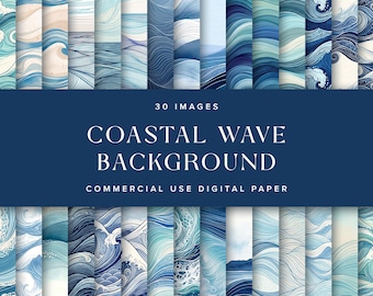 Digitales Papier mit Ozeanwellenmotiv, Aquarell-Küstenhintergrund, maritimes Scrapbook-Papier, Strand-Einladungshintergrund, kommerzielle Nutzung
