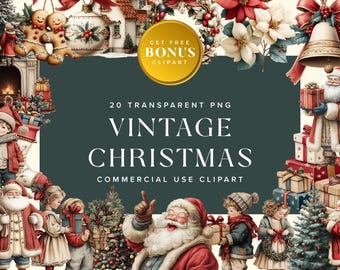 May include: A digital illustration featuring a vintage Christmas theme. The image includes Santa Claus, children, gifts, Christmas trees, gingerbread men, and floral elements. Text reads "Vintage Christmas" and "Commercial Use Clipart".