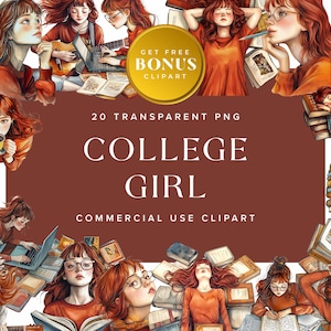 May include: A digital collage featuring illustrations of a college student with red hair, surrounded by books, laptops, and coffee cups. The image includes the text "COLLEGE GIRL" and "COMMERCIAL USE CLIPART". A gold circle reads "GET FREE BONUS CLIPART".