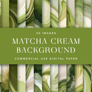 Könnte beinhalten: Eine Sammlung von 30 digitalen Bildern mit einem Matcha-Creme-Hintergrund und abstrakten grünen und cremefarbenen Designs. Der Text lautet "Matcha Cream Background" und "Commercial Use Digital Paper".