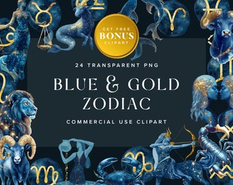 May include: A digital art graphic featuring blue and gold zodiac illustrations. The image includes various zodiac signs, with the text "BLUE & GOLD ZODIAC" and "24 TRANSPARENT PNG". A gold circle reads "GET FREE BONUS CLIPART".
