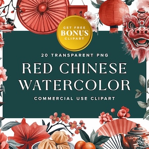 Coleção de clipart de aquarela chinesa vermelha, elementos decorativos de ano novo chinês PNG gráficos para uso comercial | Download digital instantâneo