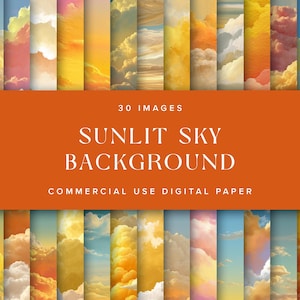 Puede incluir: Una colección de 30 imágenes digitales con fondos de cielo iluminado por el sol. Las imágenes muestran varias formaciones de nubes y tonos de amarillo, naranja, rosa y azul. El texto en una pancarta naranja dice "SUNLIT SKY BACKGROUND".